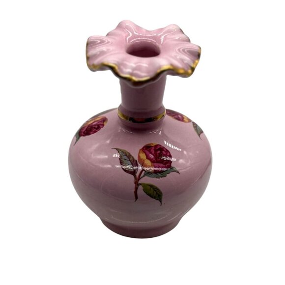 Vintage Pink Ceramic Rose Vase With Gold Detailing & Scalloped Rim 4"H X 3" W - Picture 3 of 6